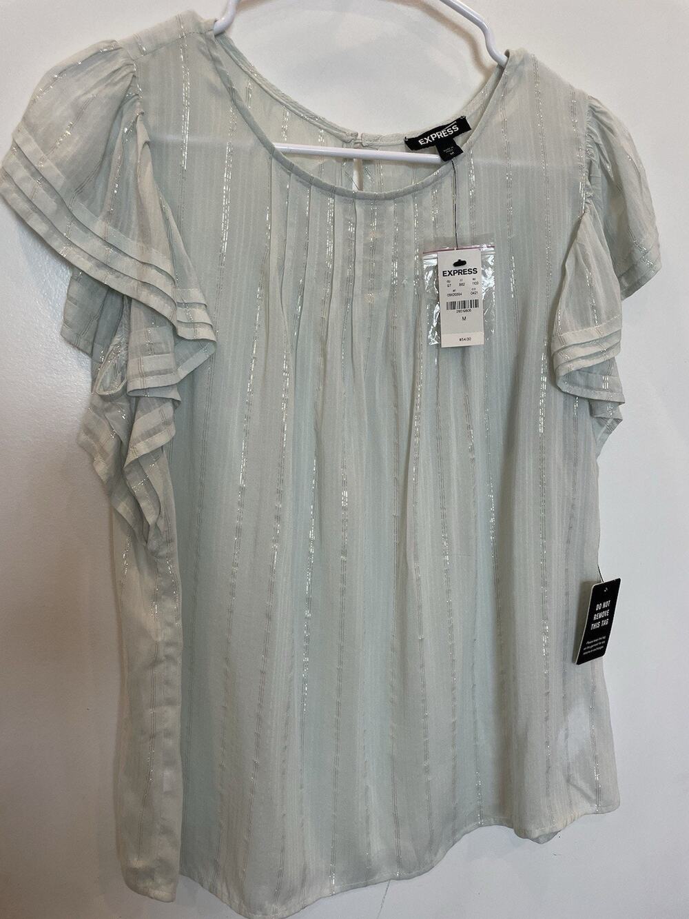 Express Pale Light Mint Silver Blouse M Medium NWT Ruffle Sleeves Top Shirt $54